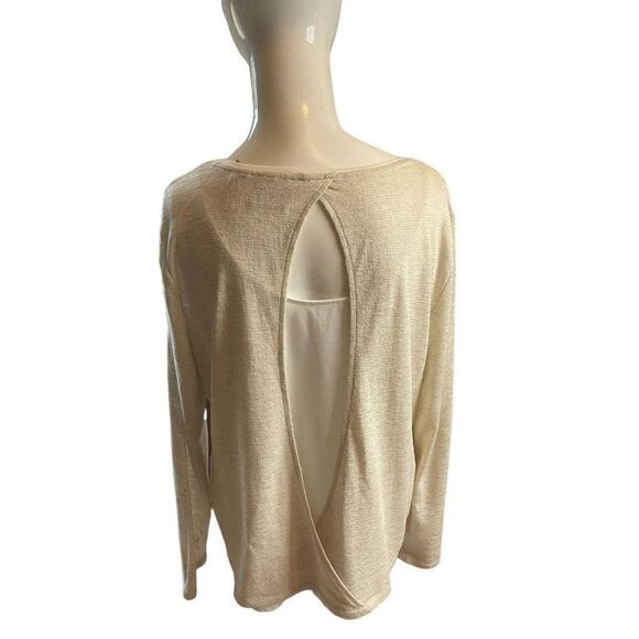 Chico's Long Sleeve Blouse Sz 1 Cream Round Neck Cut Out Back Double Layer - Picture 2 of 9